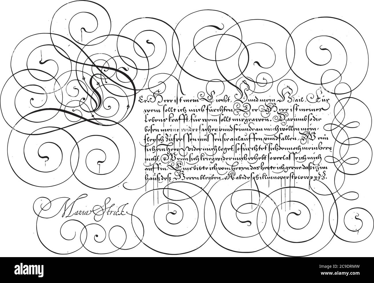 Schreibbeispiel mit Großschrift D, Hans Strick, 1618 Schreibbeispiel in deutscher Sprache mit Großschrift D und neun Textzeilen, Vintage-Gravur. Stock Vektor