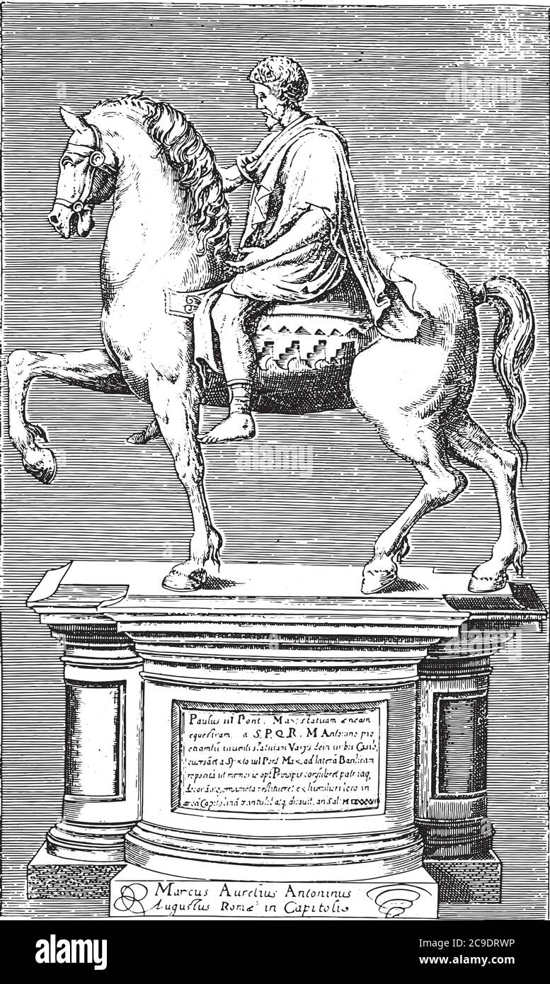 Reiterstatue von Marcus Aurelius, anonym, 1584 die Reiterstatue von Marcus Aurelius auf der Piazza del Campidoglio in Rom, Vintage-Gravur Stock Vektor