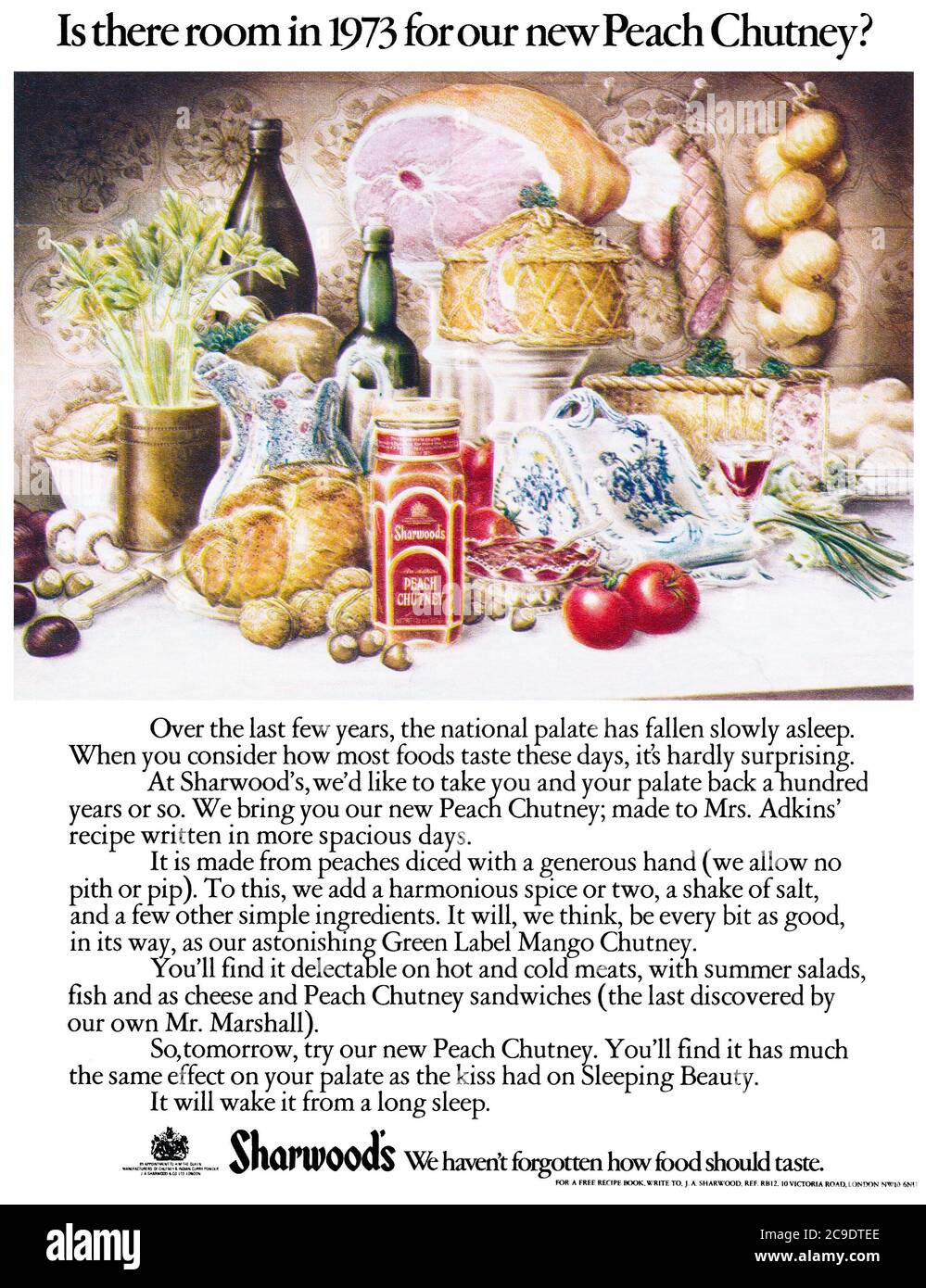 1973 Britische Werbung für Sharwood's Peach Chutney. Stockfoto
