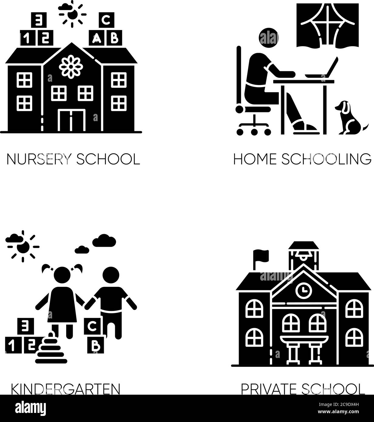 Akademisches Studium schwarze Glyphen Symbole auf weißen Raum gesetzt. Kindergarten, Kindergarten und Hausschule. Private Grund-und Sekundarstufe si Stock Vektor