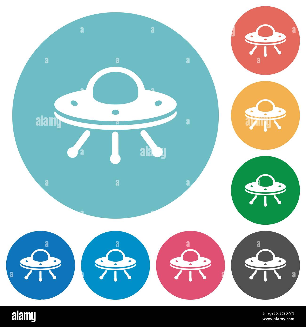 UFO flache weiße Symbole auf runden farbigen Hintergründen Stock Vektor