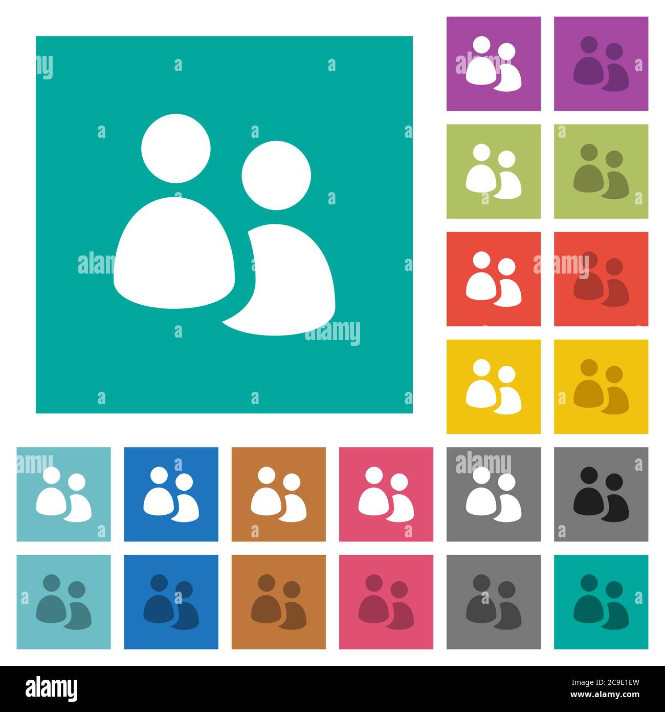 Benutzergruppe mehrfarbige flache Symbole auf einfachen quadratischen Hintergründen. Weiße und dunklere Symbolvarianten für schwebe- oder aktive Effekte. Stock Vektor