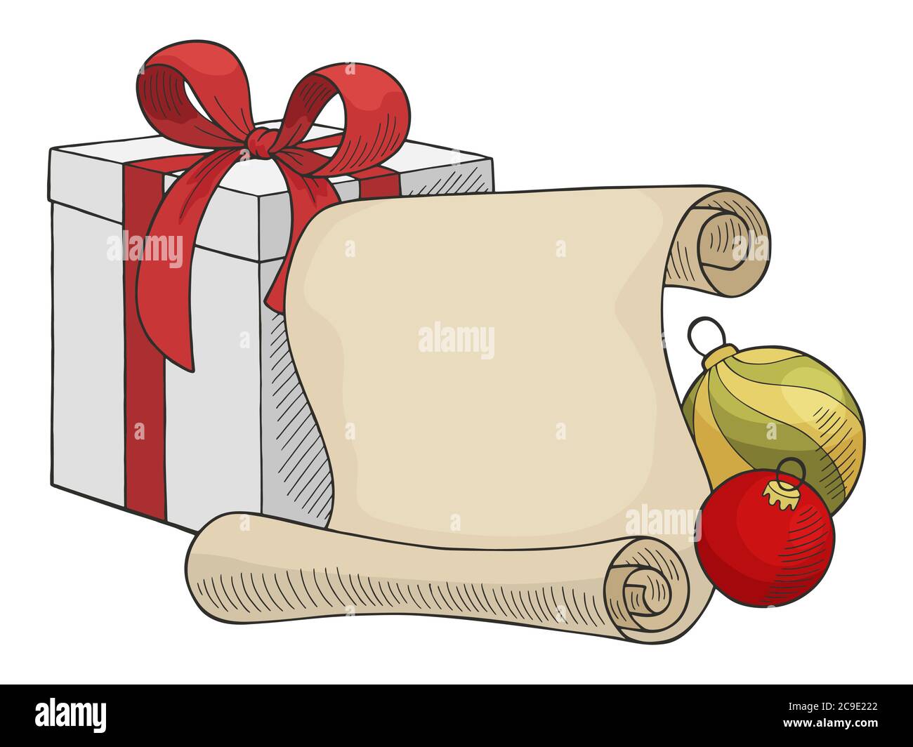 Weihnachten Grußkarte Bälle, scroll, Geschenkbox Grafik neue Jahr Farbe isoliert set Illustration Vektor Stock Vektor