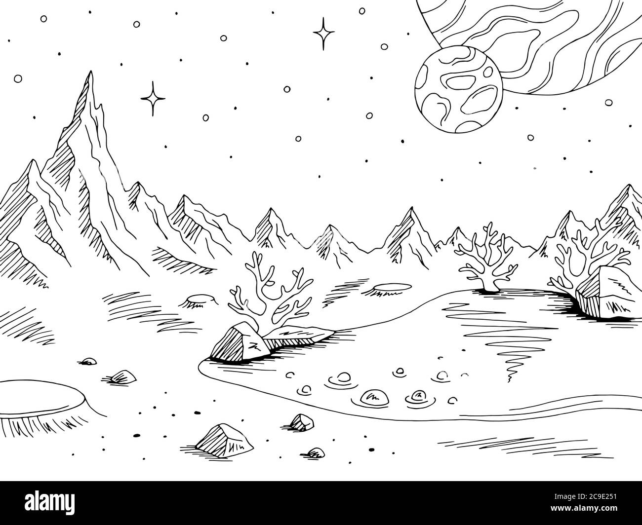 Alien Planet Grafik schwarz weiß Raum Landschaft Skizze Illustration Vektor Stock Vektor