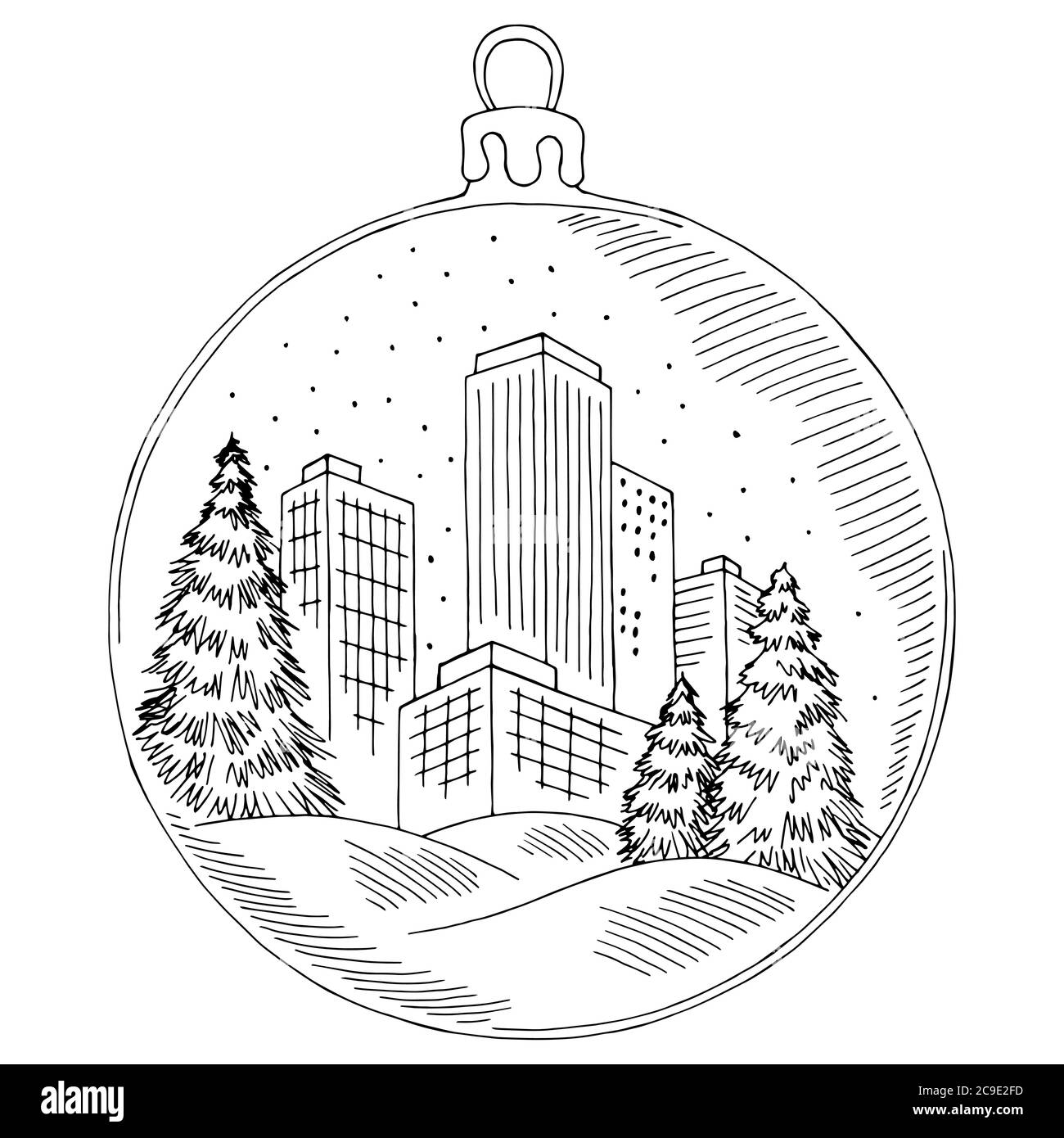 Weihnachtskugel Winter Stadt Grafik neues Jahr schwarz weiß isoliert Illustration Vektor Stock Vektor