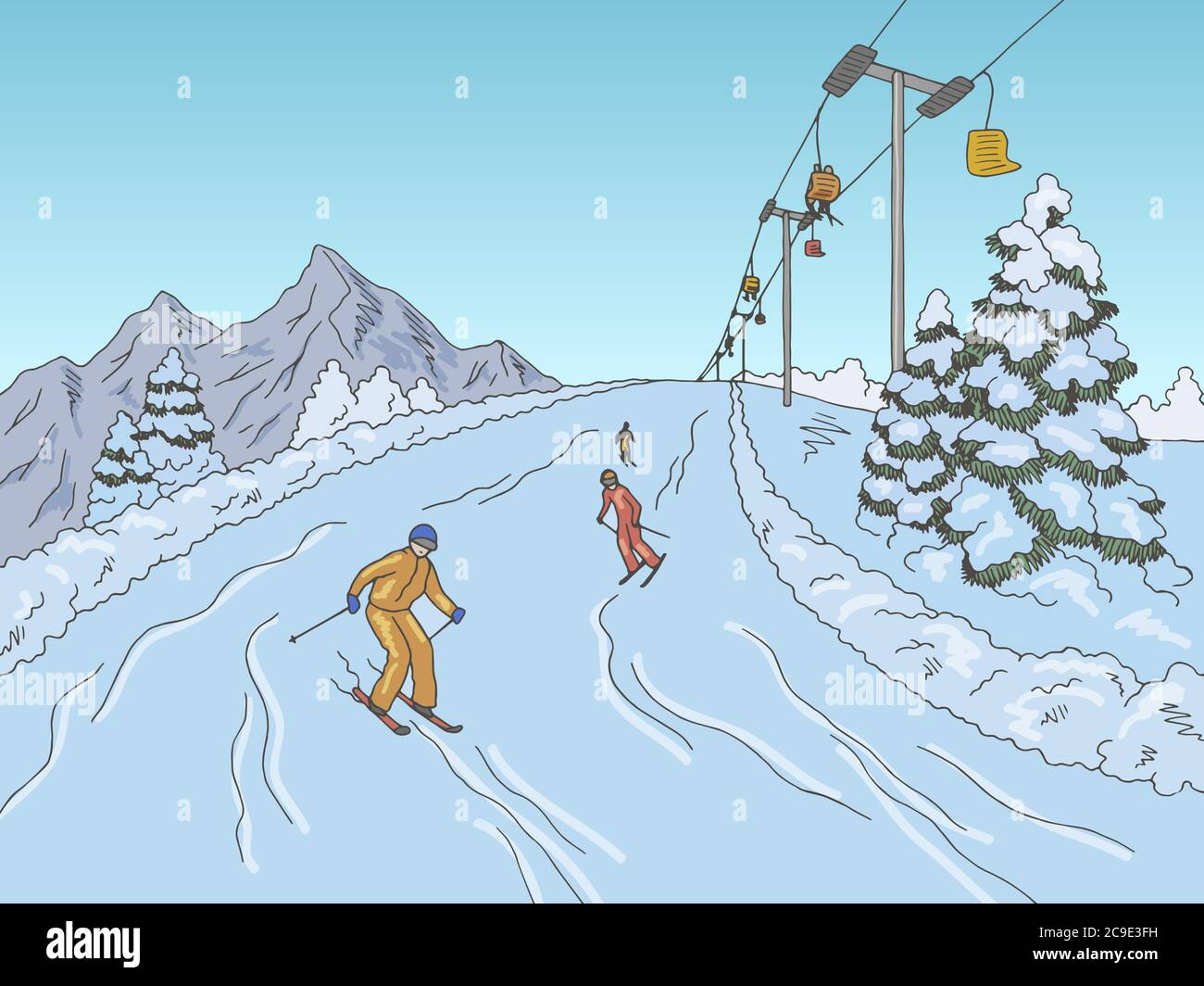 Menschen Skifahren in den Bergen Grafik Farbe Landschaft Skizze Illustration Vektor Stock Vektor