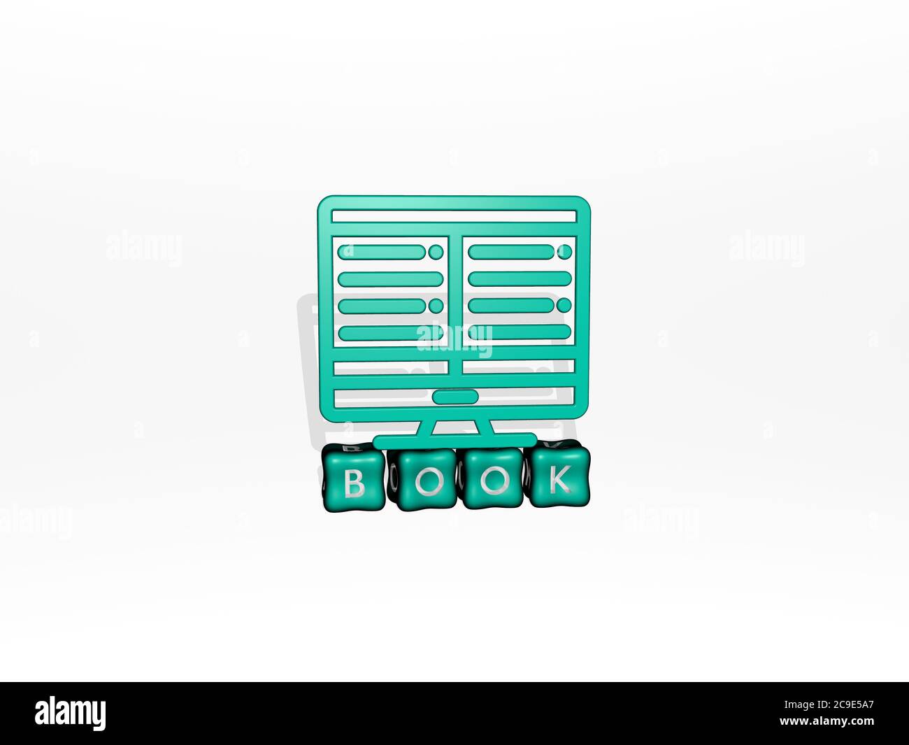 3D-Grafik-Bild des Buches vertikal zusammen mit Text von metallischen kubischen Buchstaben aus der oberen Perspektive gebaut, ausgezeichnet für das Konzept Präsentation und Diashows. Illustration und Hintergrund Stockfoto