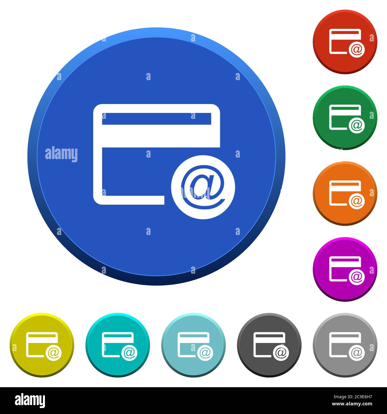 E-Mail-Benachrichtigungen per Kreditkarte, runde, abgeschrägte Tasten mit glatten Oberflächen und flachen weißen Symbolen Stock Vektor
