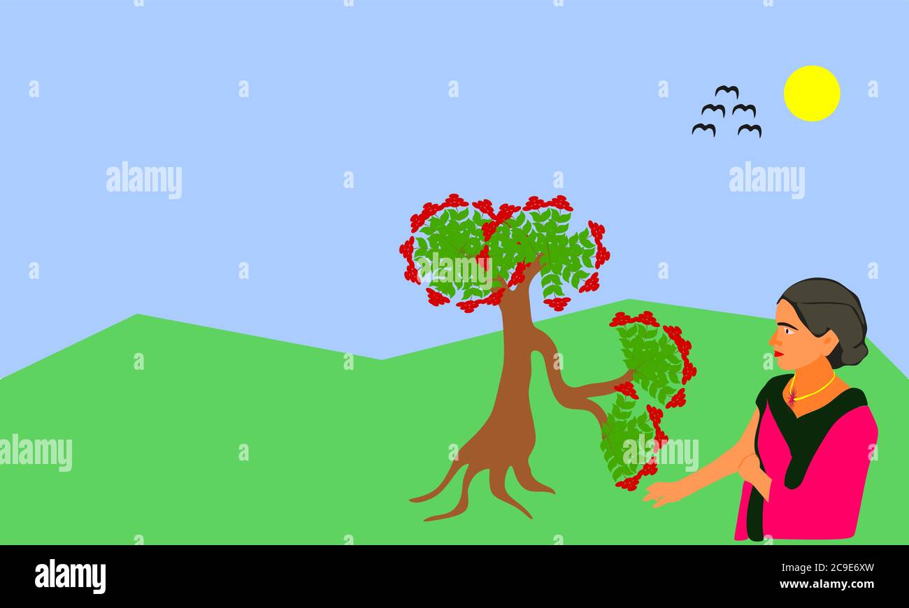 Ein indisches Dorf Frau berühren Blume auf dem Wald an schönen Hintergrund Illustration Cartoon. Stock Vektor