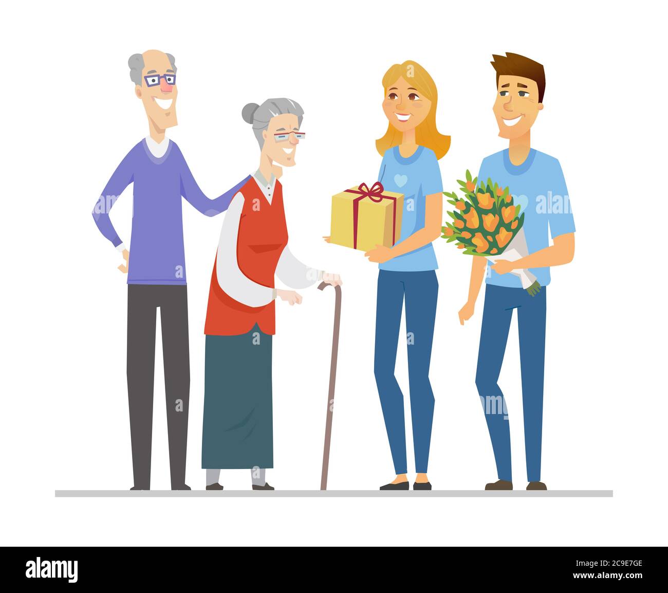 Freiwillige und ältere Menschen - flache Design-Stil Illustration Stock Vektor