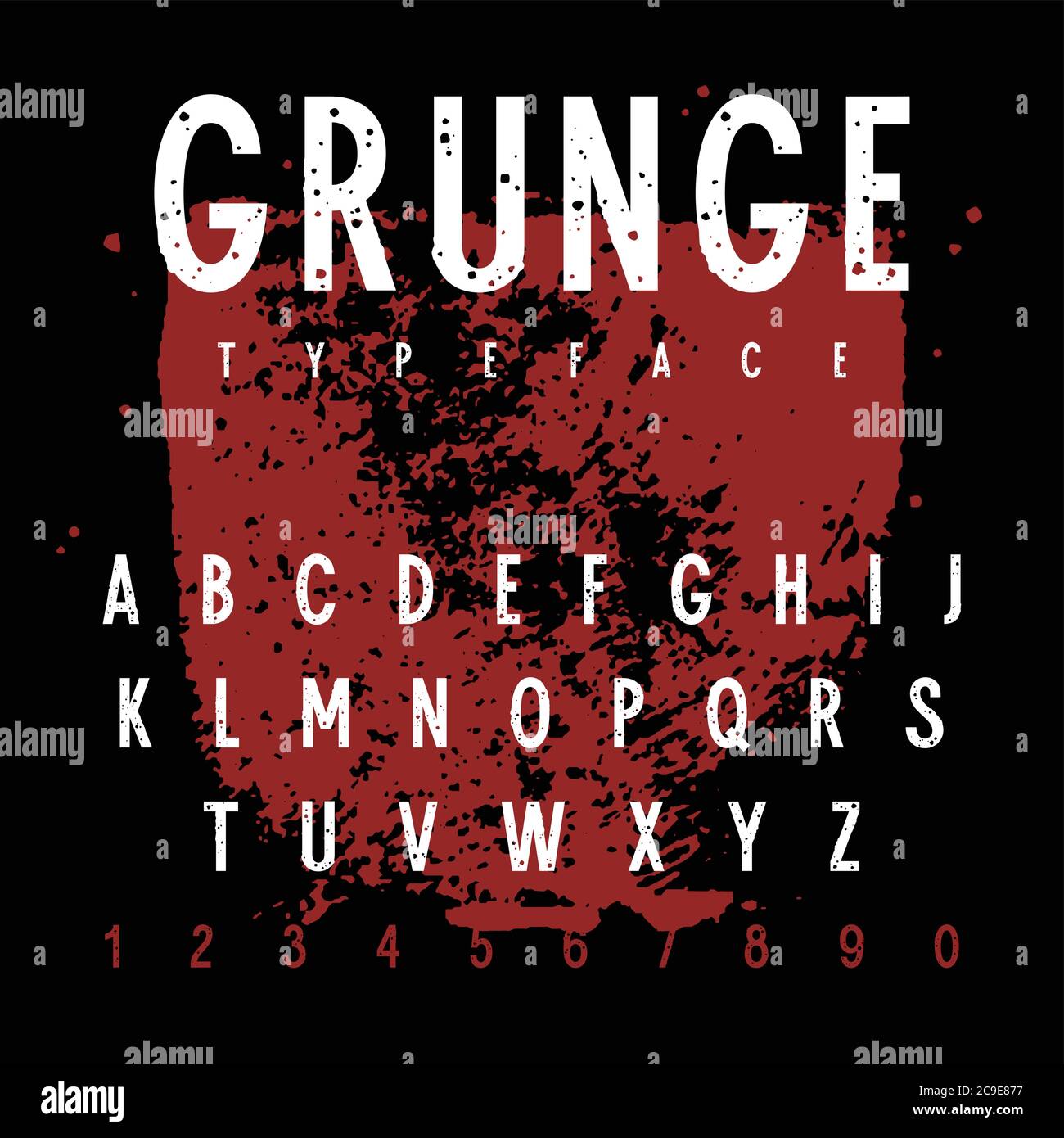 Grobe Stempelschrift. Grunge texturierte Schrift. Vektor handgefertigtes Alphabet. Großbuchstaben und Zahlen im Stempelstil. Plus eine Grunge Textur als Bonus Stock Vektor