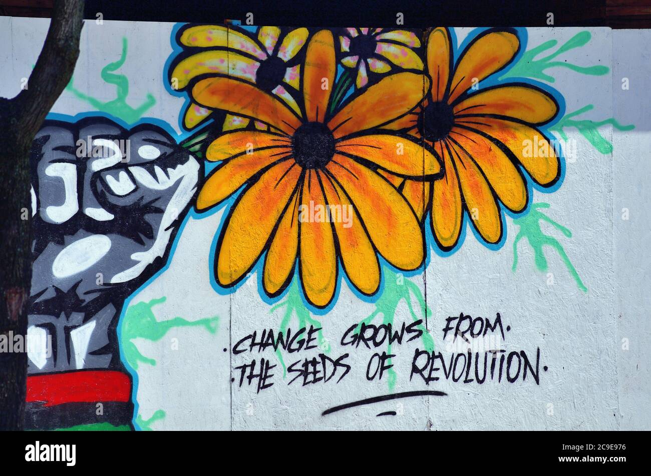 Elgin, Illinois, USA. Eine Zeichnung thematisiert die Revolution des Wandels als Teil eines Appells, dass Black Lives Matter ist. Stockfoto