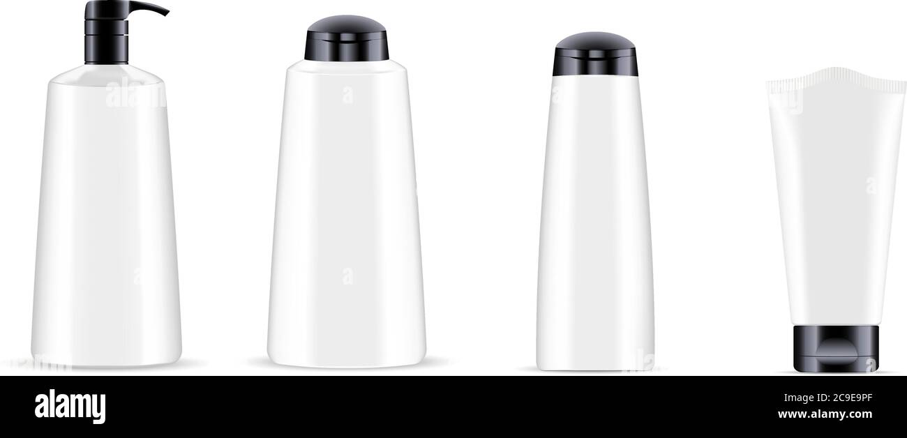 Weiße Kosmetik Flasche Glas Set mit schwarzen Top Caps. Realistische 3d-Mock-up von Kosmetik-Paket. Vektor-Illustration von Spender und Pipette, Creme ja Stock Vektor