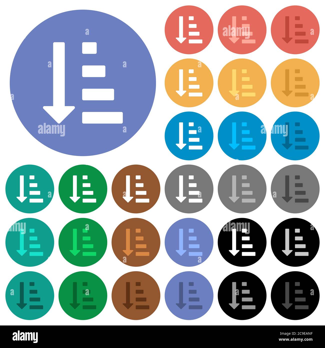 Aufsteigender Listenmodus mehrfarbige flache Symbole auf runden Hintergründen. Inklusive weißer, heller und dunkler Symbolvarianten für den Hover- und aktiven Status Stock Vektor