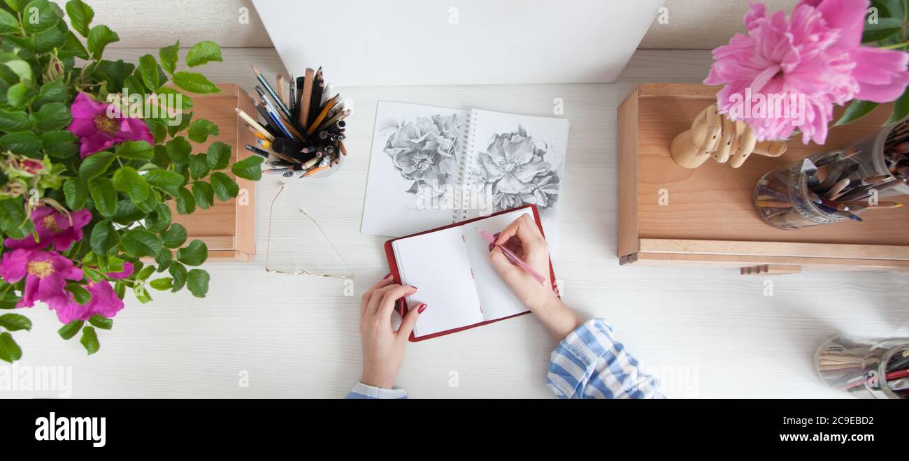 Draufsicht girl artist zeichnet eine Skizze von Rose Hip Blumen sitzen an ihrem Arbeitsplatz Stockfoto