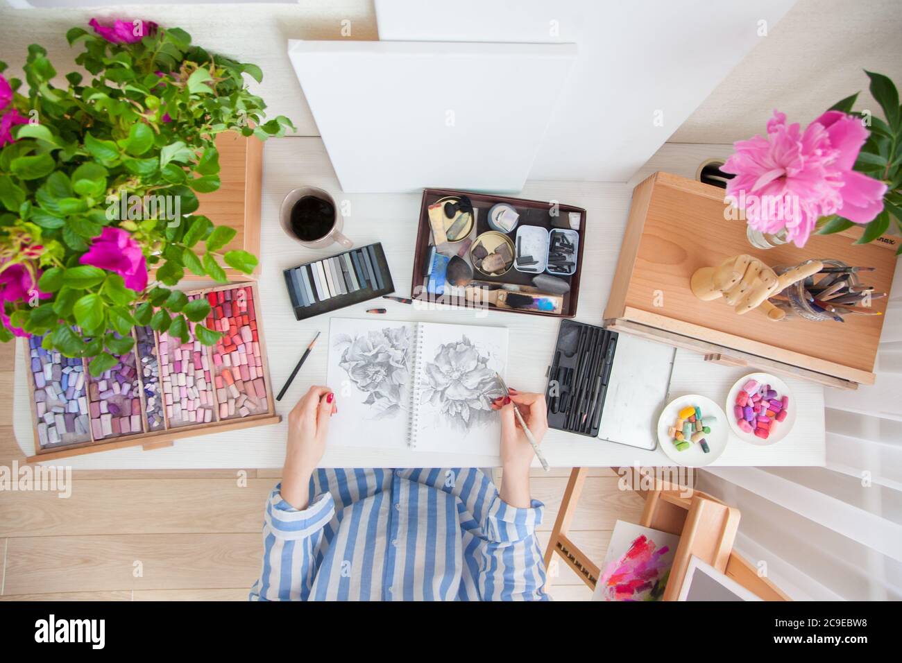 Draufsicht girl artist zeichnet eine Skizze von Rose Hip Blumen sitzen an ihrem Arbeitsplatz Stockfoto