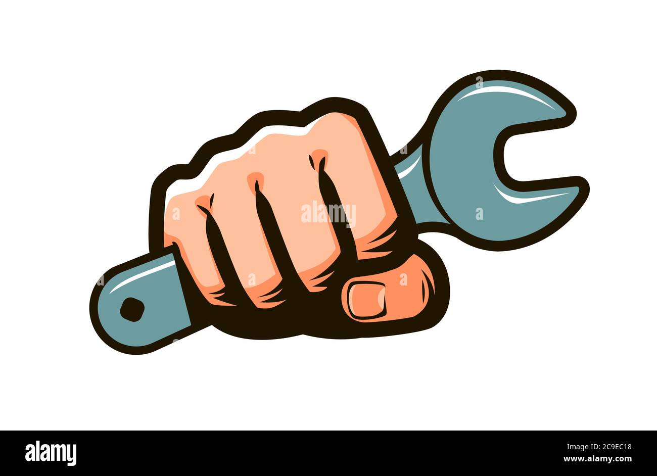 Symbol Schraubenschlüssel in der Hand. Reparatur, Wartung, Baukonzept Stock Vektor