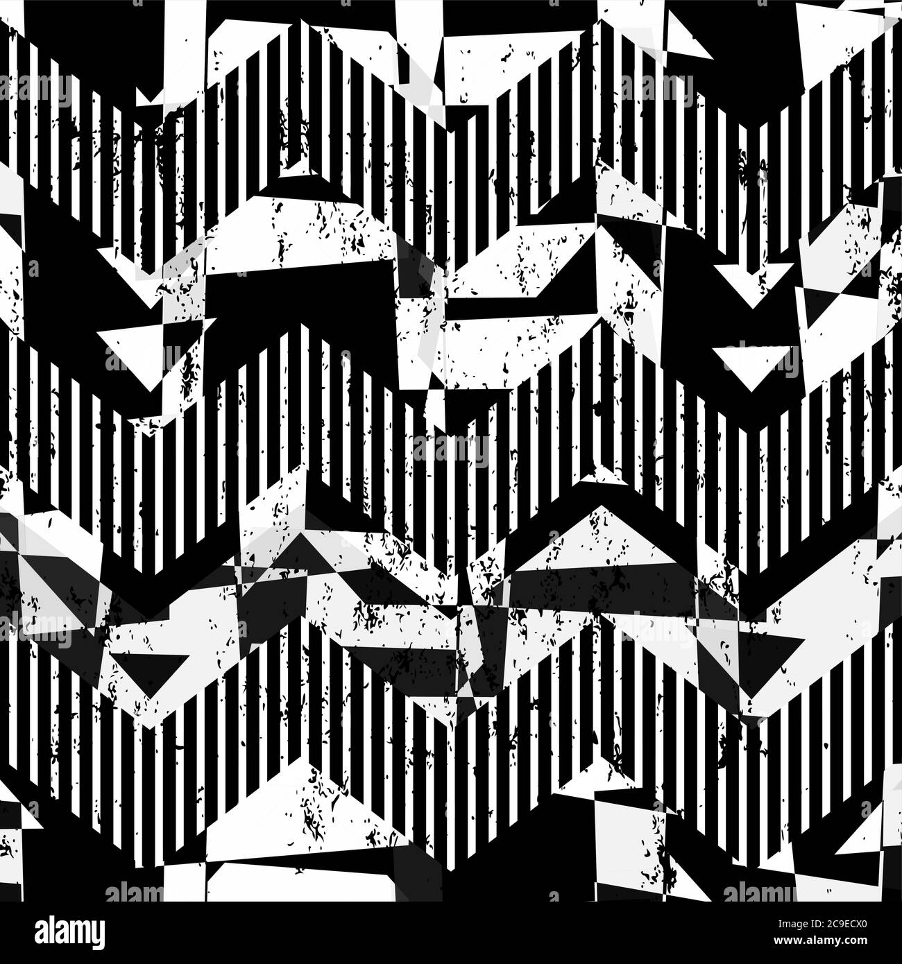 Abstraktes Hintergrundmuster, mit Quadraten, Dreiecken, Striche und Spritzer, schwarz und weiß, Zickzack Stock Vektor