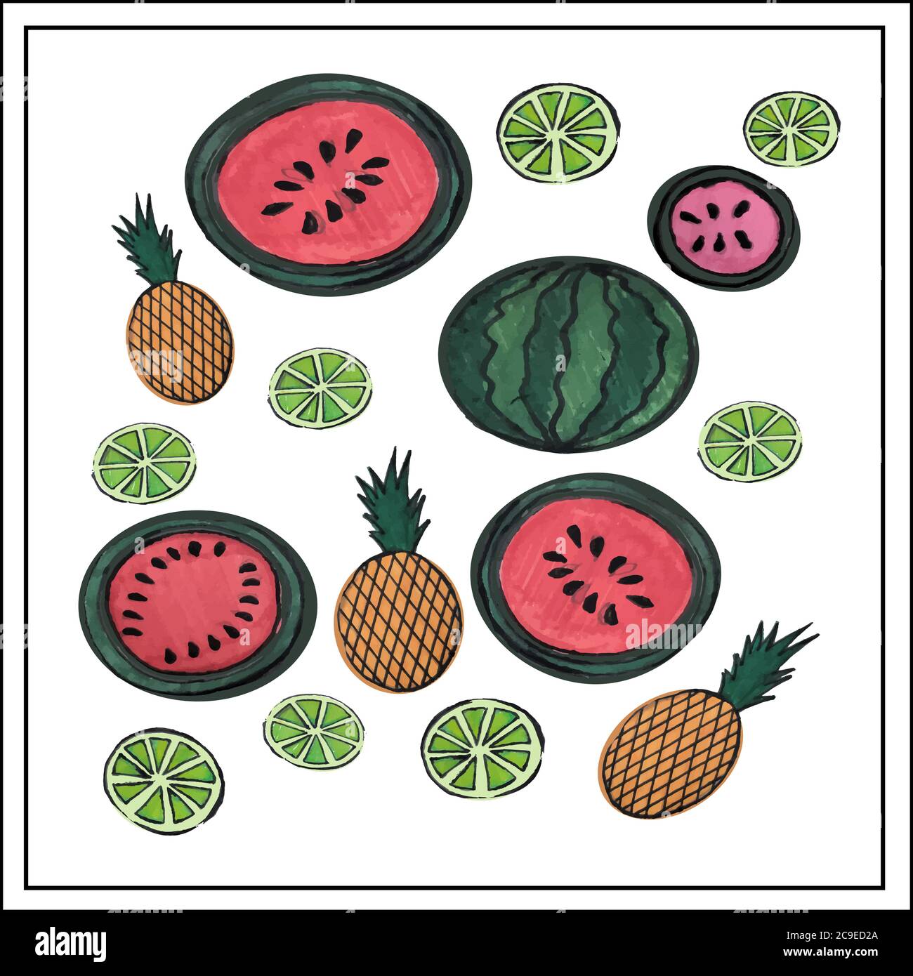 Aquarell Zeichnung der Früchte. Vektor-isoliertes Bild. Sie können die Größe ändern. Rahmen, Muster. Wassermelonen, Kokosnüsse, Zitronen. Stock Vektor