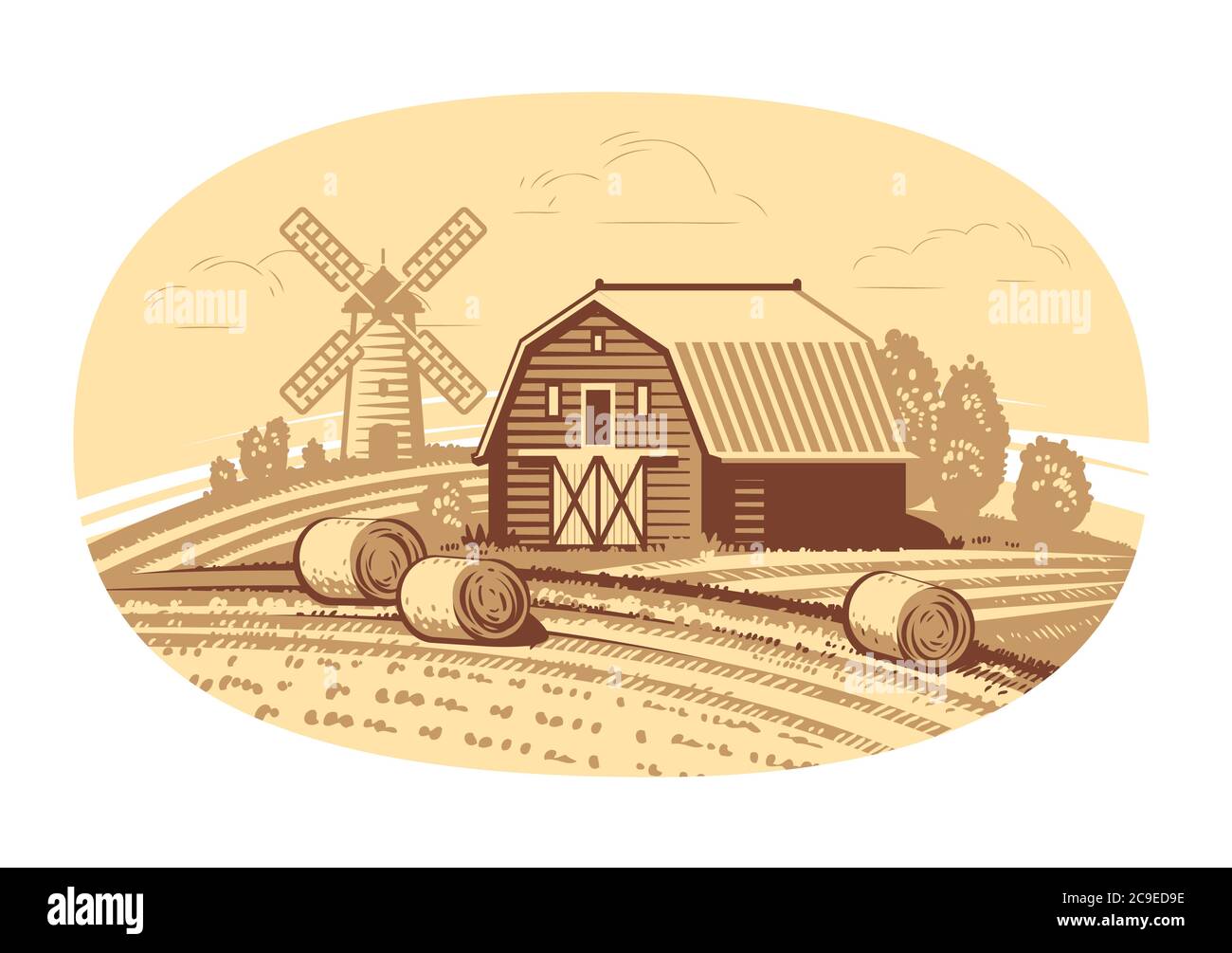 Handgezeichnete Skizze Farmlandschaft. Landwirtschaft, Landwirtschaft, Lebensmittelkonzept Stock Vektor