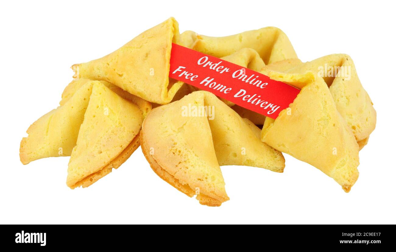 Fortune Cookies mit Online-Bestellung und kostenlose Lieferung Nachricht auf weißem Hintergrund isoliert Stockfoto