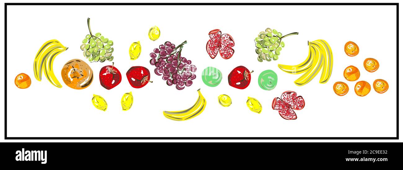 Muster, eine Reihe von frischen Früchten. Isoliertes Bild von Früchten auf weißem Hintergrund. Stock Vektor