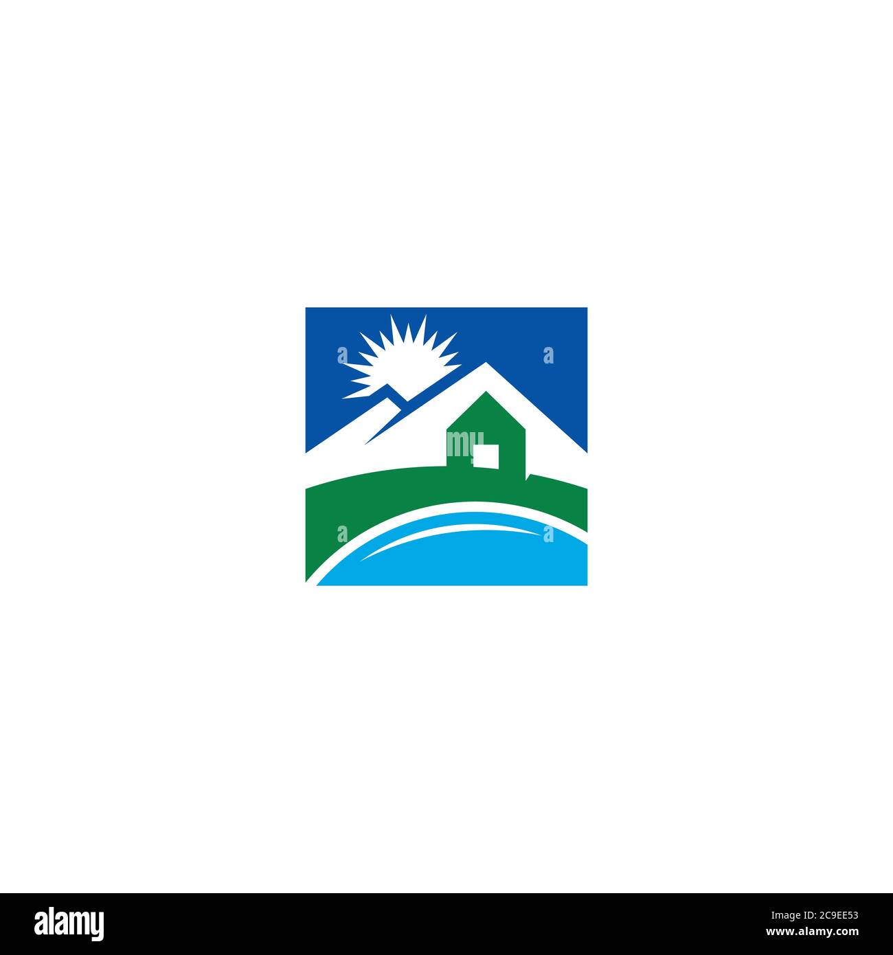 Logo mit See-, Haus- und Berglogo Stock Vektor