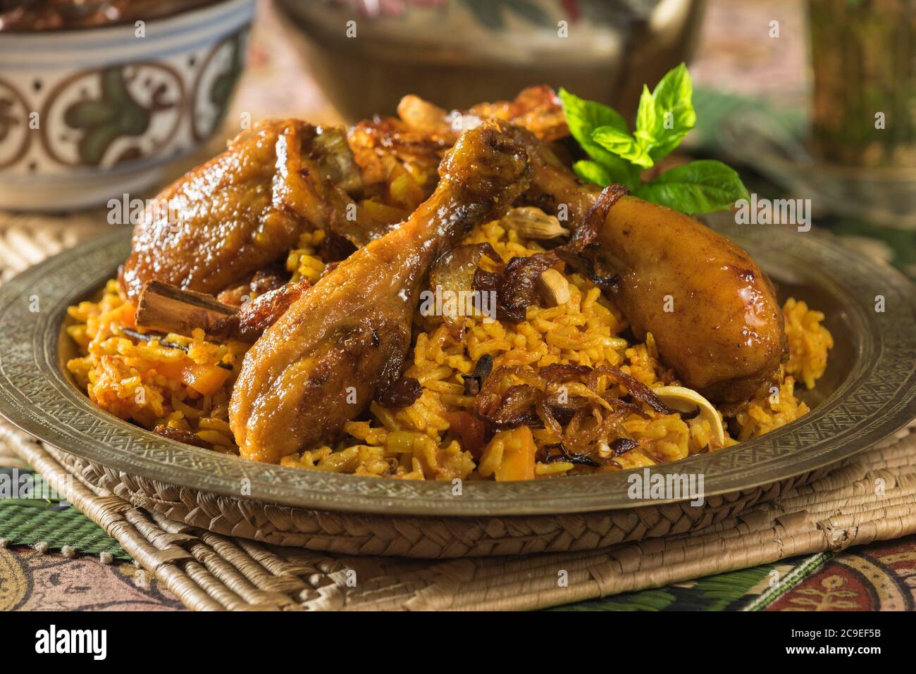 Nasi Bukhari Ayam. Hühnchen- und Reisgericht. Malaysia und Nahost Food Stockfoto