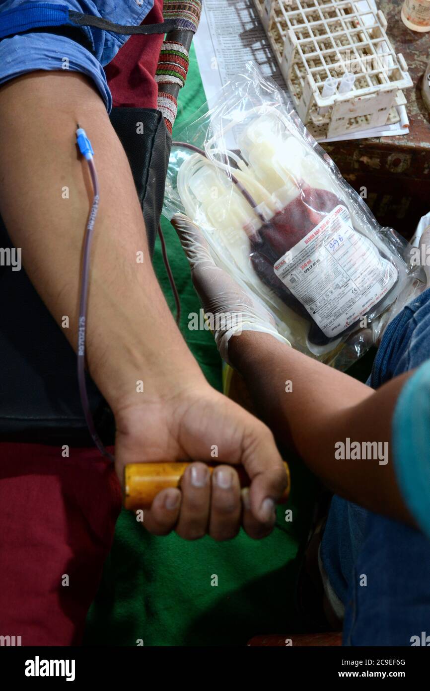 Die Menschen spendeten Blut für Thalassämie-Patienten in dem Blutspendelager, das vom Regierungsmitarbeiter der Regierung von Westbengalen organisiert wurde. Stockfoto