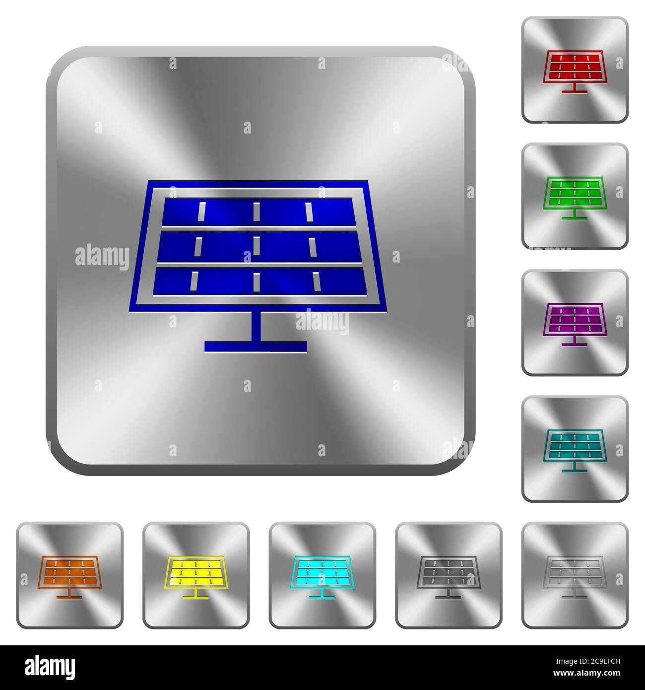 Sonnenkollektoren gravierte Symbole auf runden quadratischen glänzenden Stahlknöpfen Stock Vektor