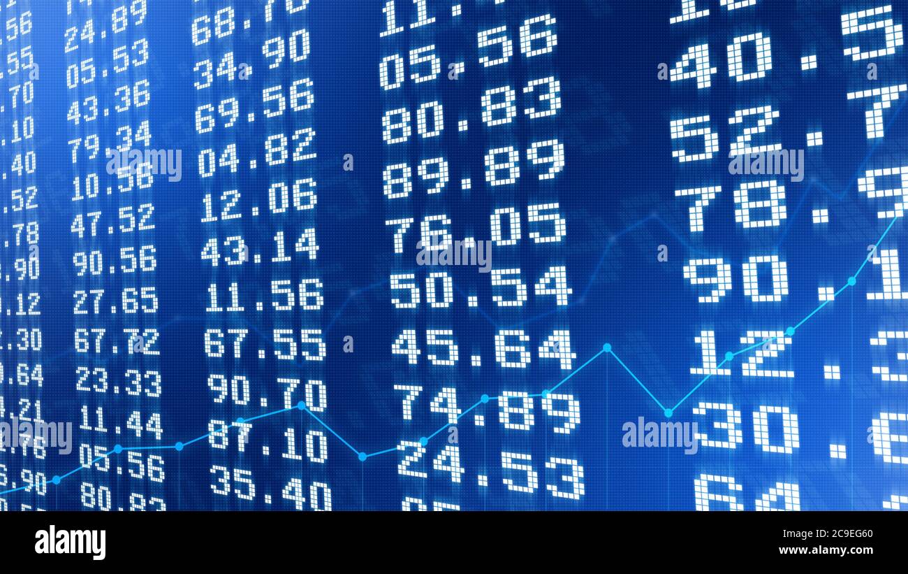 Nahaufnahme der Finanzzahlen oder Kurse an der Börse und hellblaue Liniendiagramme. Abstrakte Aktienmarktanalyse oder Finanzhintergrund. Stockfoto