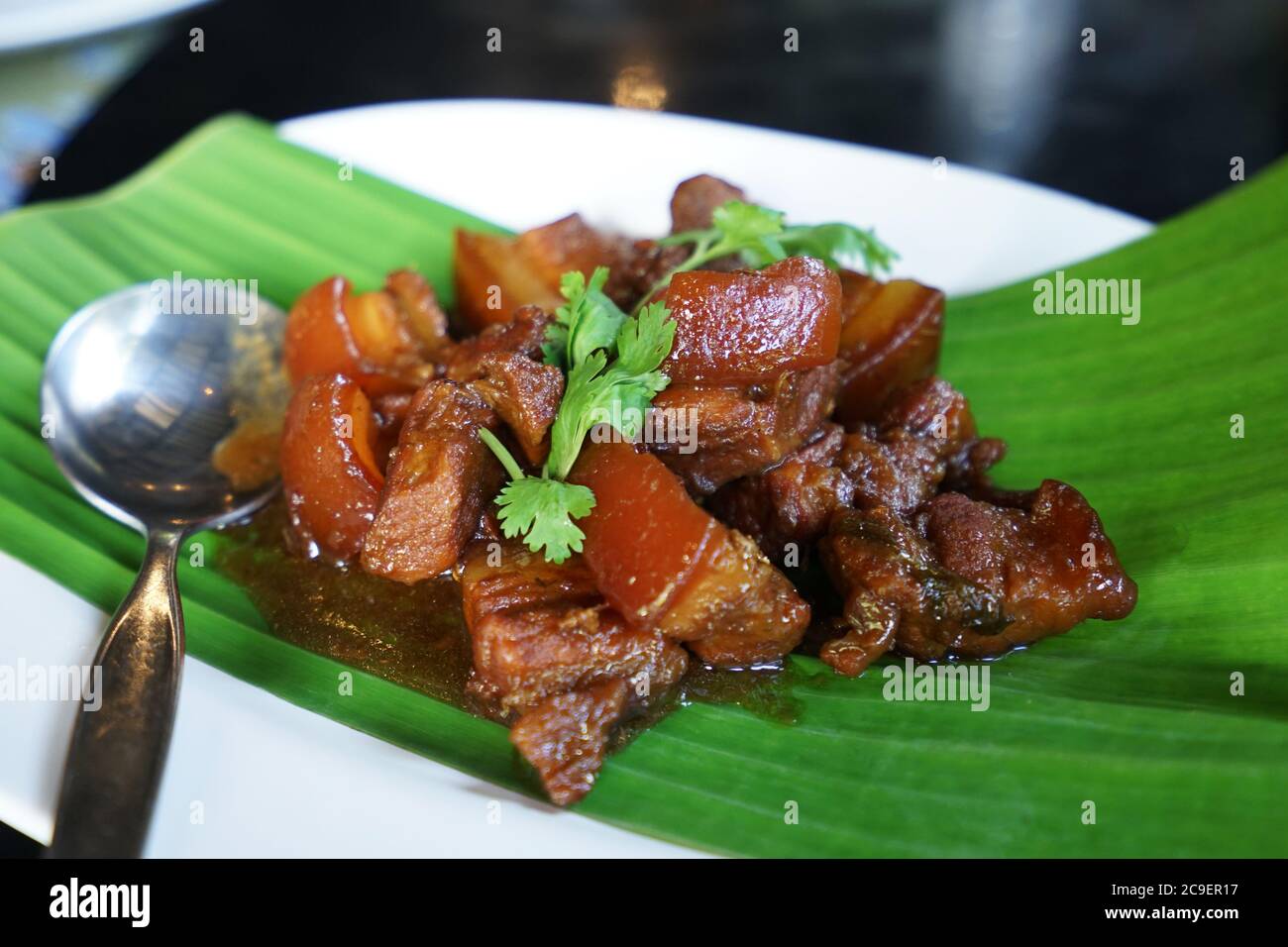 Close up süß und karamellisierten Schweinebauch Stockfoto