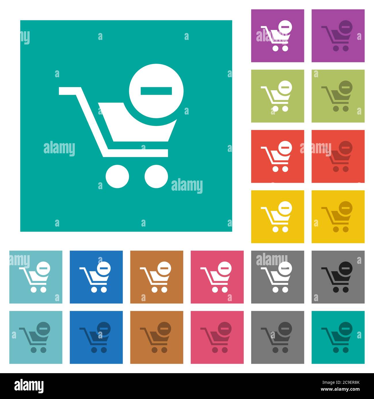 Entfernen Sie Artikel aus dem Warenkorb mehrfarbige flache Symbole auf einfachen quadratischen Hintergründen. Weiße und dunklere Symbolvarianten für schwebe- oder aktive Effekte. Stock Vektor