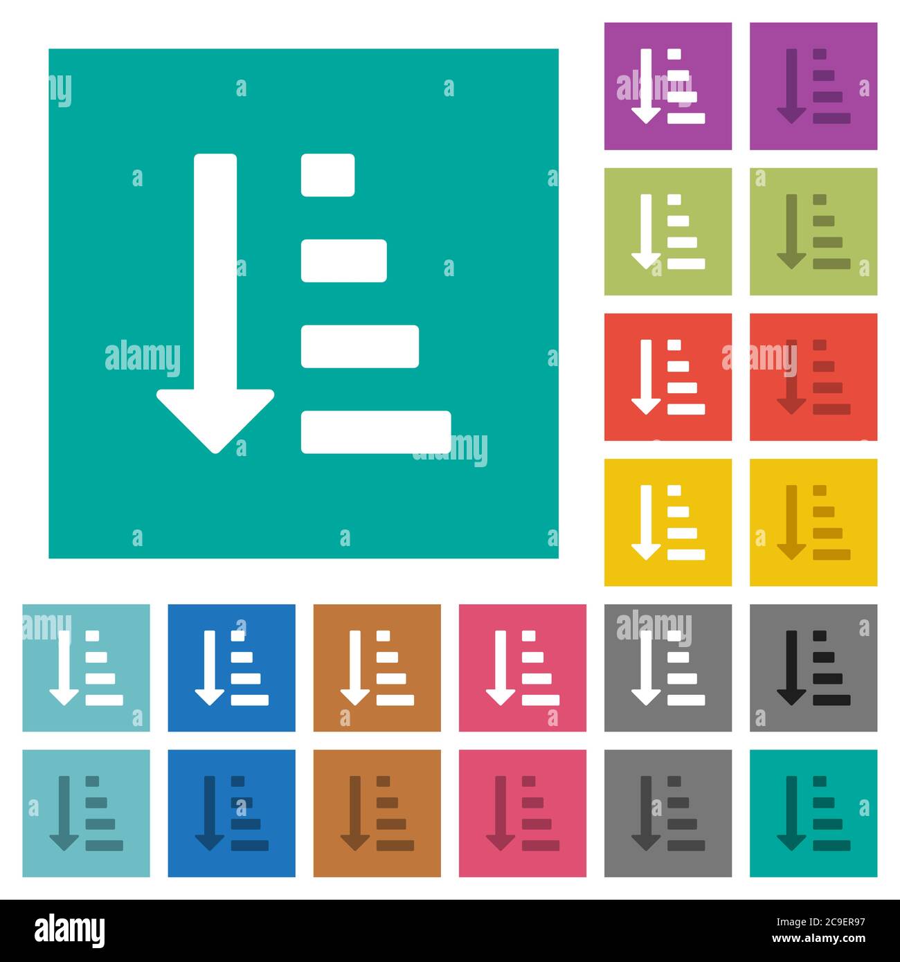 Aufsteigende sortierte Listen-Modus mehrfarbige flache Symbole auf einfachen quadratischen Hintergründen. Weiße und dunklere Symbolvarianten für den Hover- oder aktiven Effekt Stock Vektor