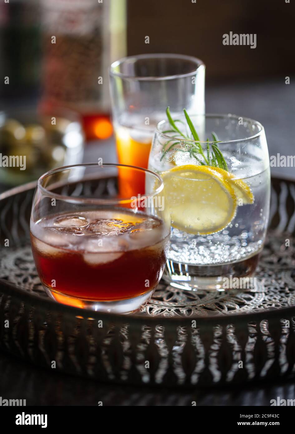 Alkoholische Getränke (Whisky, Gin Tonic, Wermouth) auf Getränketablett. Dunkler Hintergrund. Hochformat Stockfoto
