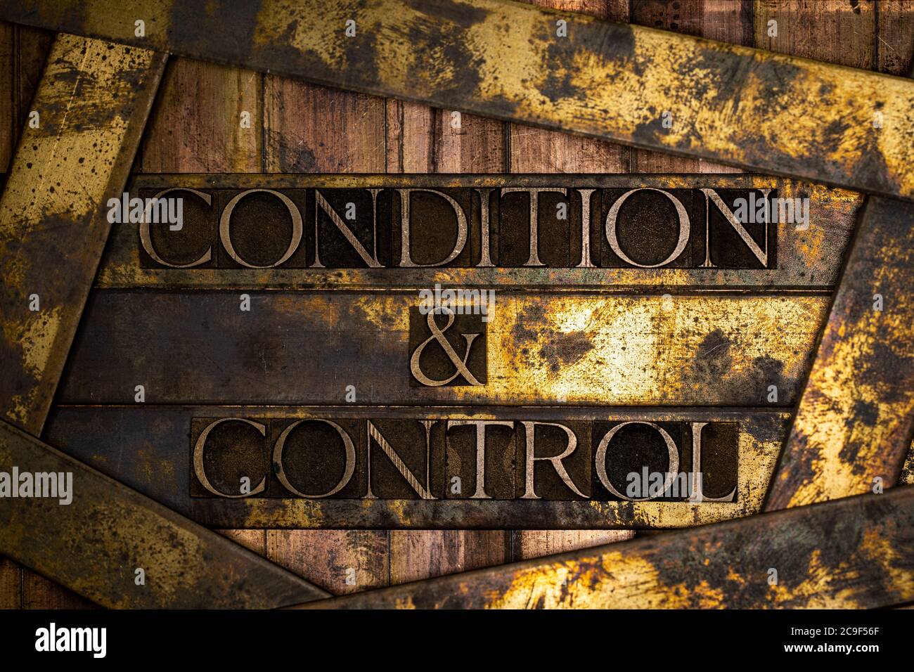 Zustand und Kontrolle Text gebildet mit echten authentischen Schriftsatz Buchstaben auf vintage texturierten Silber Grunge Kupfer und Gold Hintergrund Stockfoto