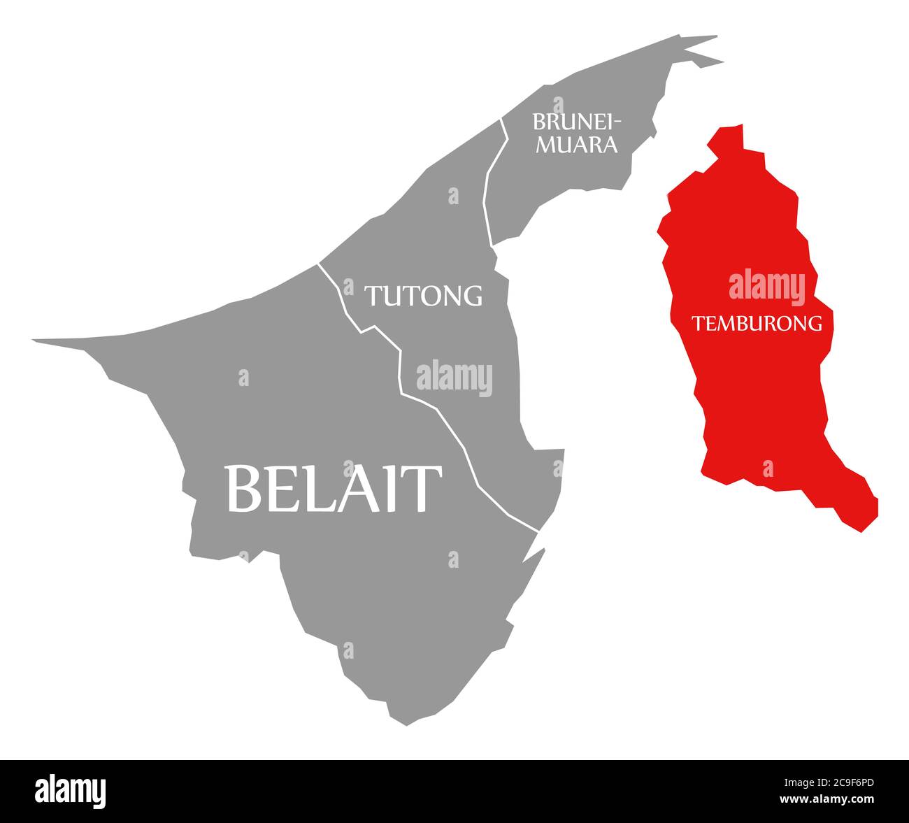 Temburong rot in der Karte von Brunei hervorgehoben Stockfoto