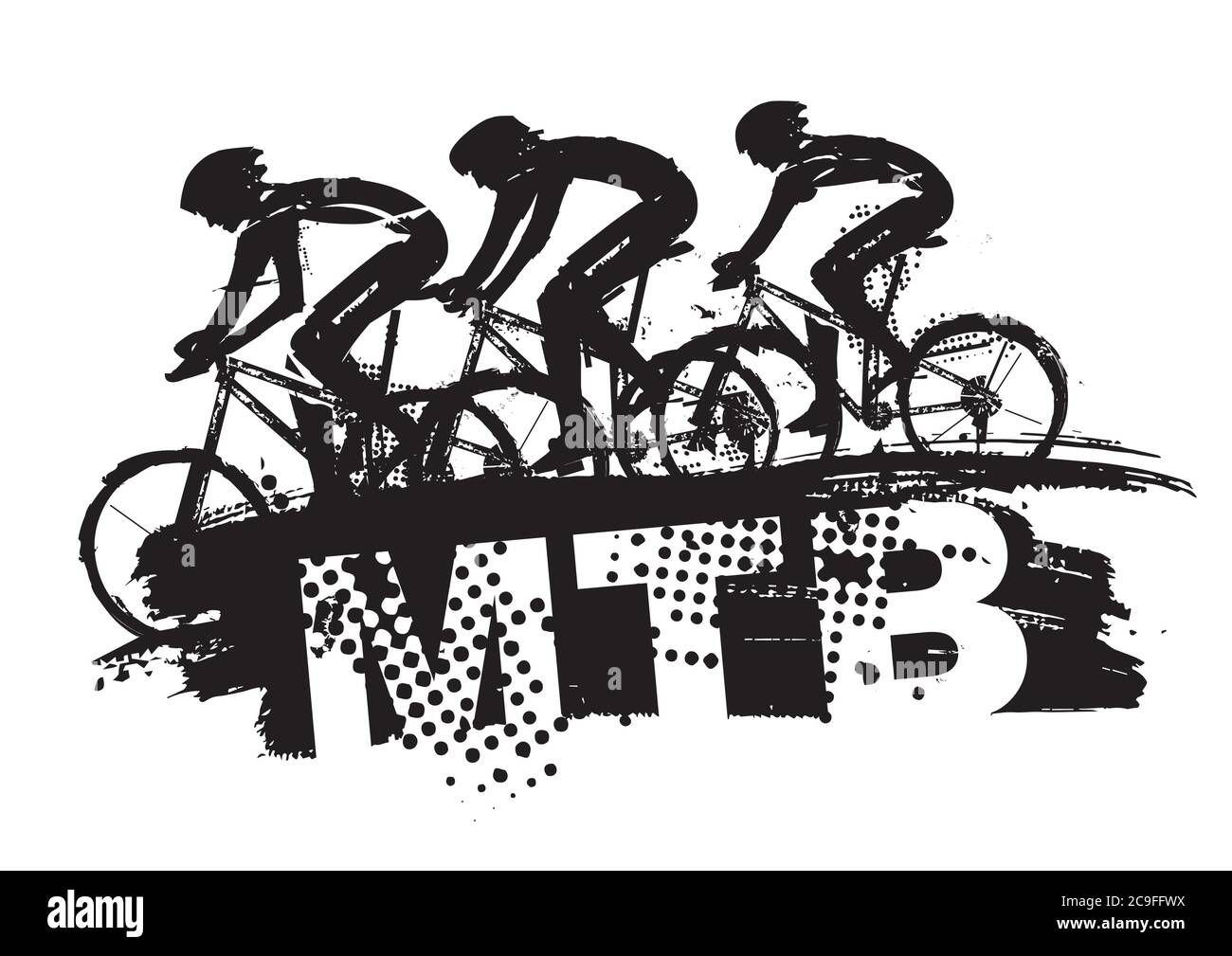 Mountainbiker mit MTB-Beschriftung. Ausdrucksstarke Grunge stilisierte Illustration von drei Mountainbike-Radfahrern in voller Geschwindigkeit.Vektor verfügbar Stock Vektor