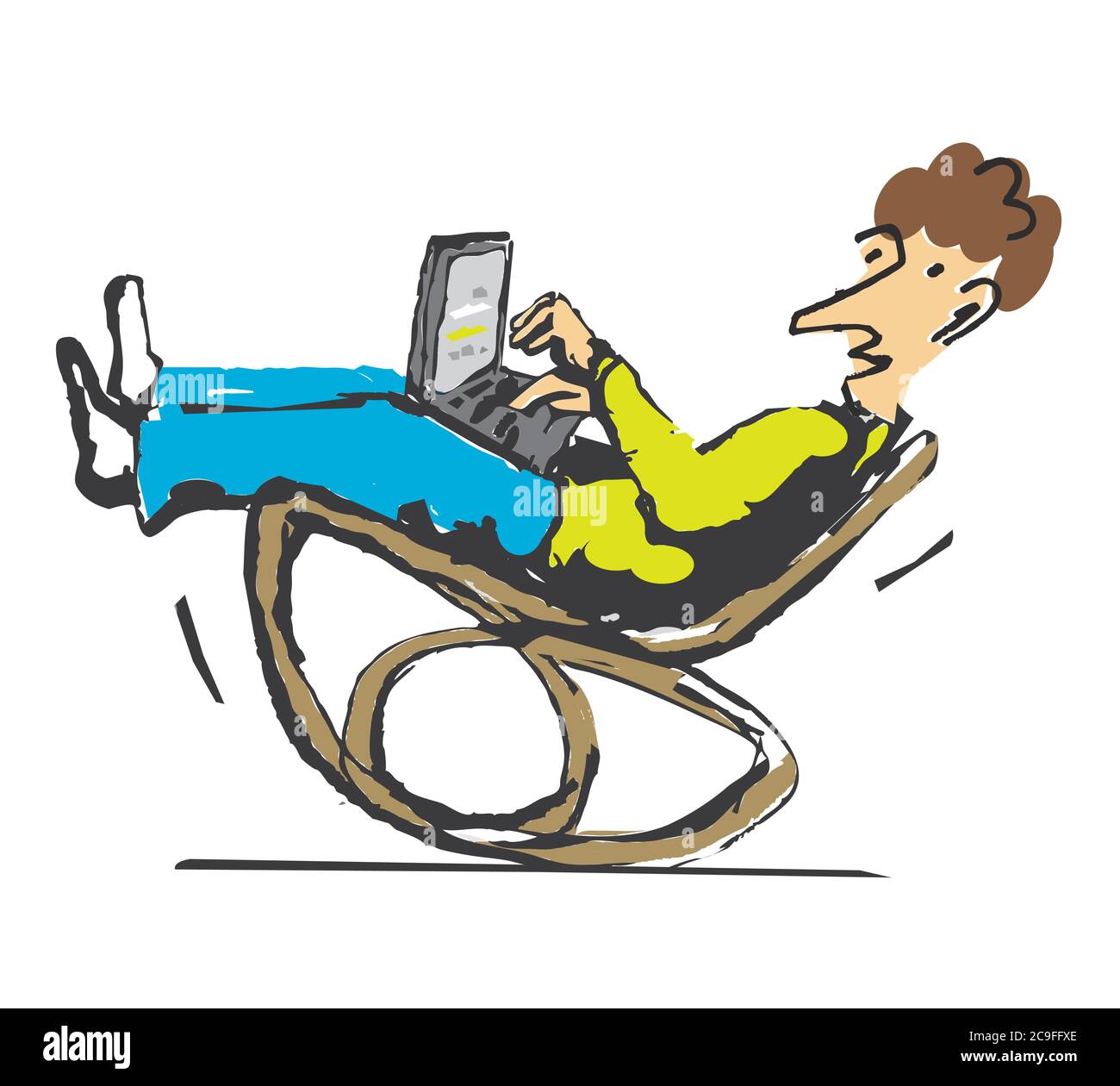 Mann mit Laptop sitzt in Schaukelstuhl. Expressive Illustration des lächelnden Mannes, der mit Laptop zu Hause arbeitet.Konzept für Home Office. Vektor verfügbar Stock Vektor