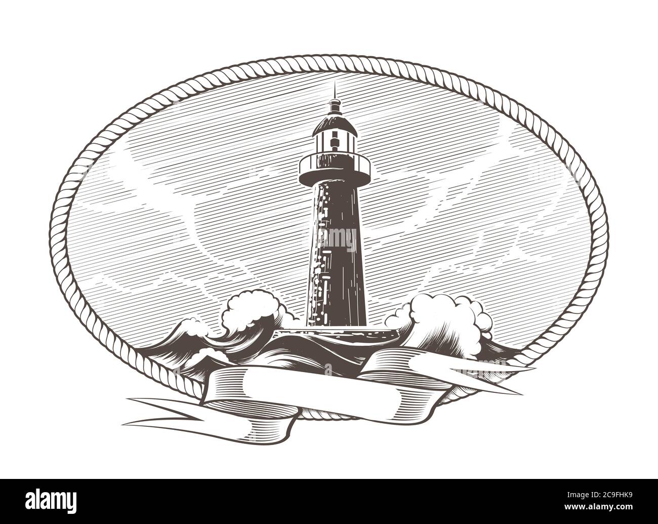 Leuchtturm und Stormy Sea mit leerem Band in einem Kreis von Seil Vintage Gravur Emblem. Vektorgrafik Stock Vektor