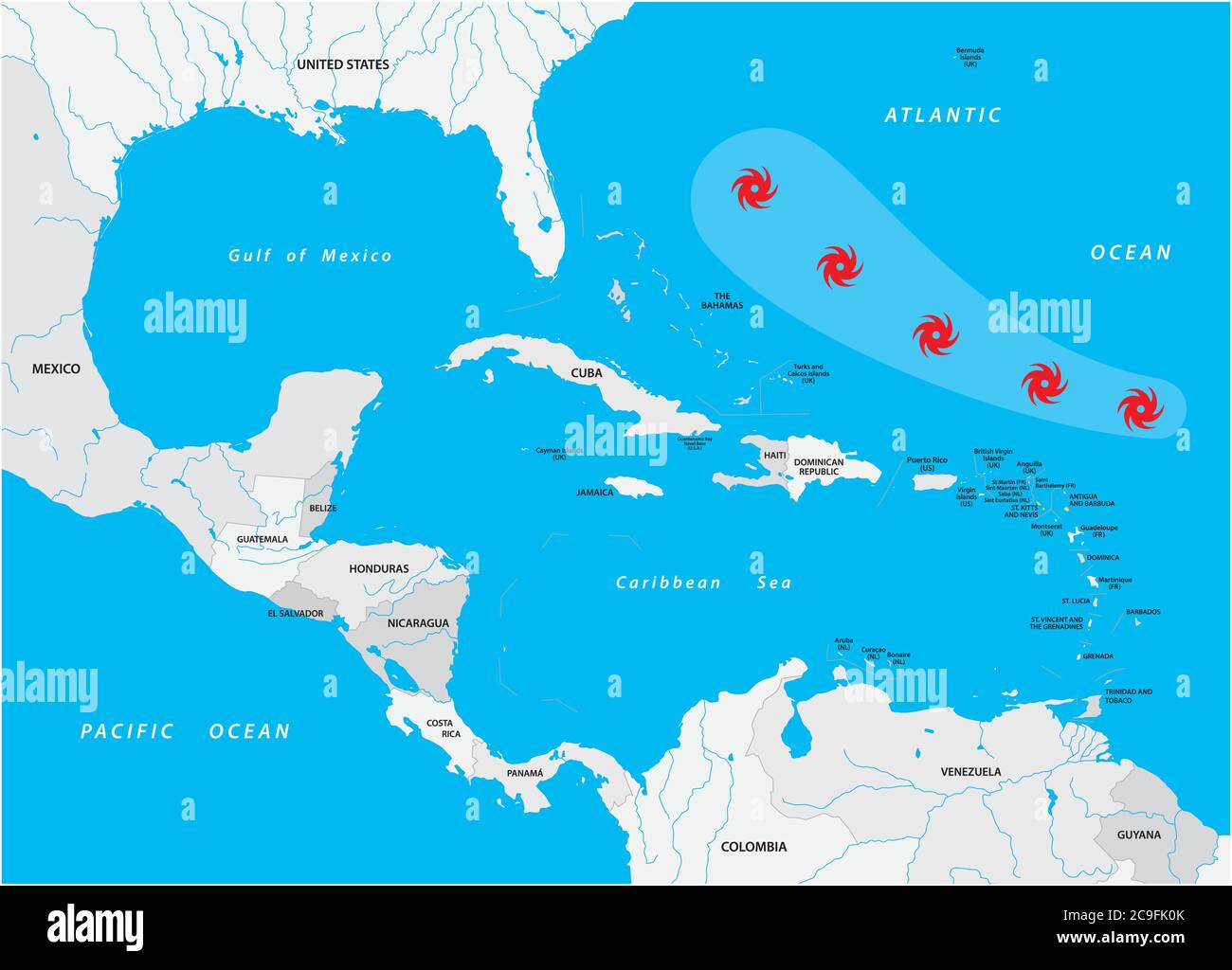 Schematische Vektorkarte eines fiktiven Hurrikans in Nord- und Mittelamerika Stock Vektor