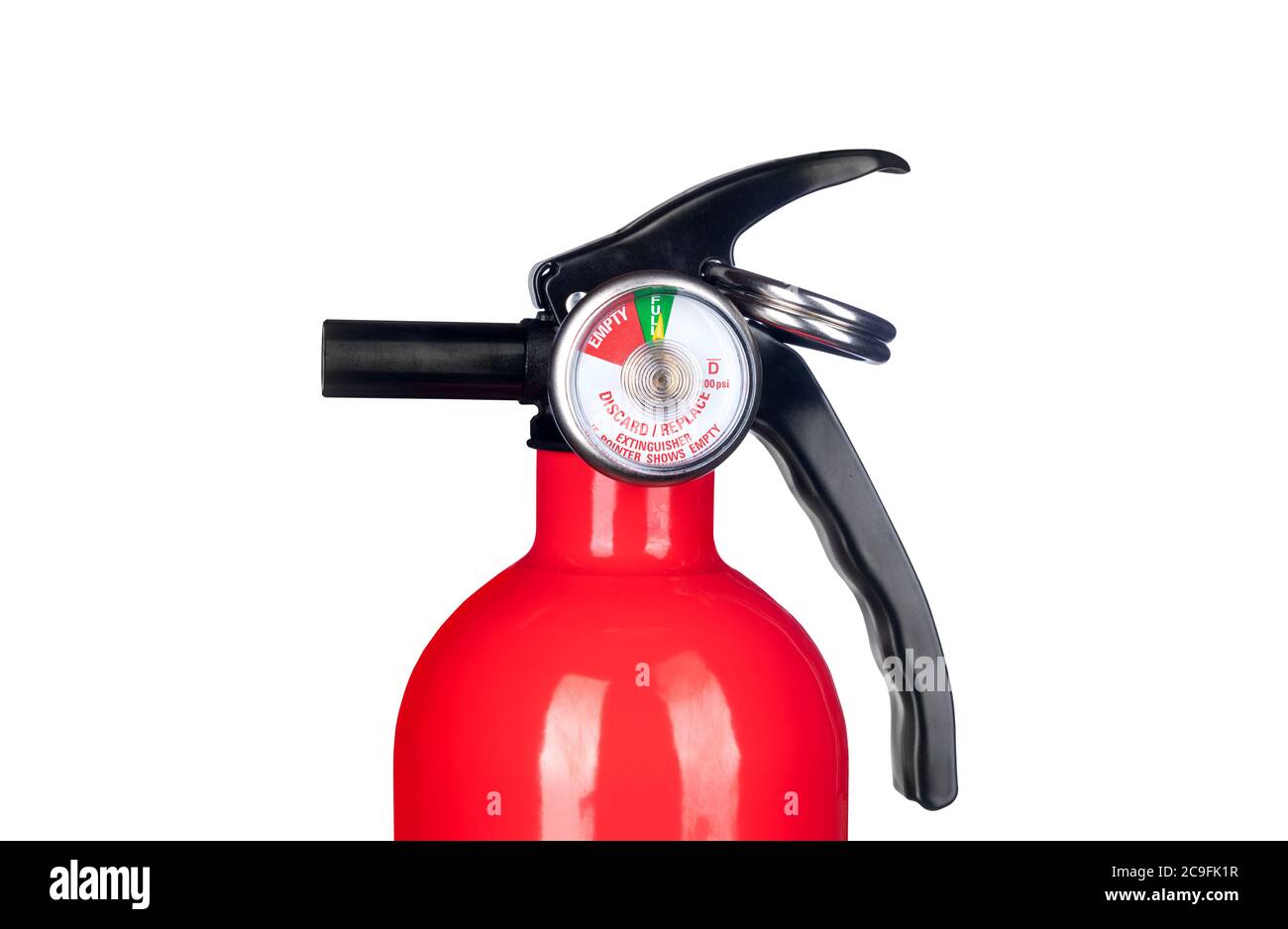 Ein klassisches rotes Feuerlöscherventil isoliert auf weißem Hintergrund für den Einsatz als Designelement oder Sicherheitsinferenz für Heim- und Geschäftsschutz. Stockfoto