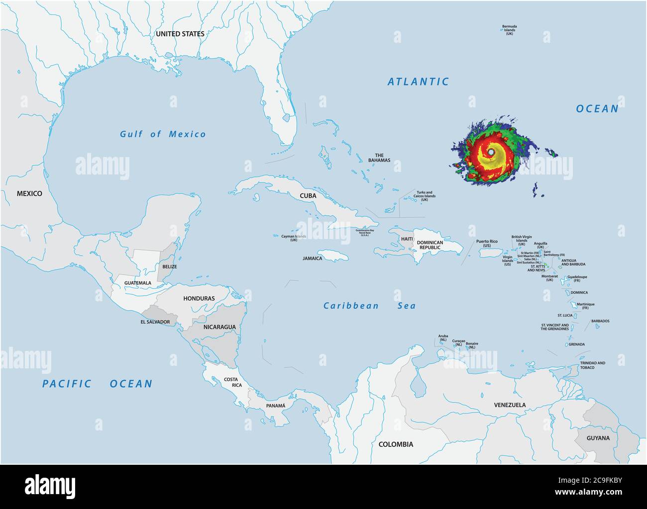 Schematische Vektorkarte eines fiktiven Hurrikans in Nord- und Mittelamerika Stock Vektor