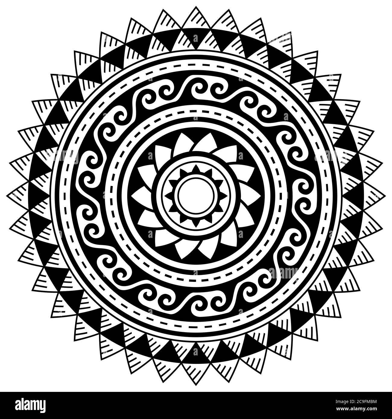 Tribal geometrisches Mandala Vektor Design, polynesisches hawaiianisches Tattoo Stil Muster mit Wellen, Dreiecken und abstrakten Formen Stock Vektor