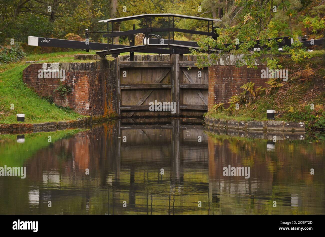 Die Schleusentore sind geschlossen und spiegeln sich in dieser Frühherbstszene am Basingstoke Canal in Surrey im Wasser wider Stockfoto