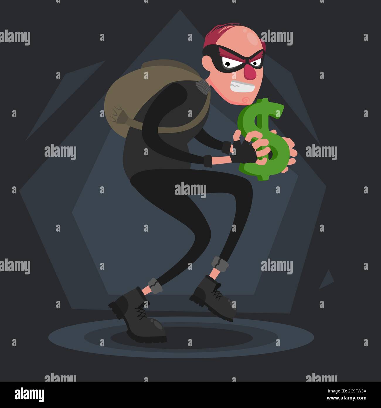 Ein kahlen Dieb mit Rucksack schleicht sich mit einem Dollarzeichen in den Händen Stock Vektor