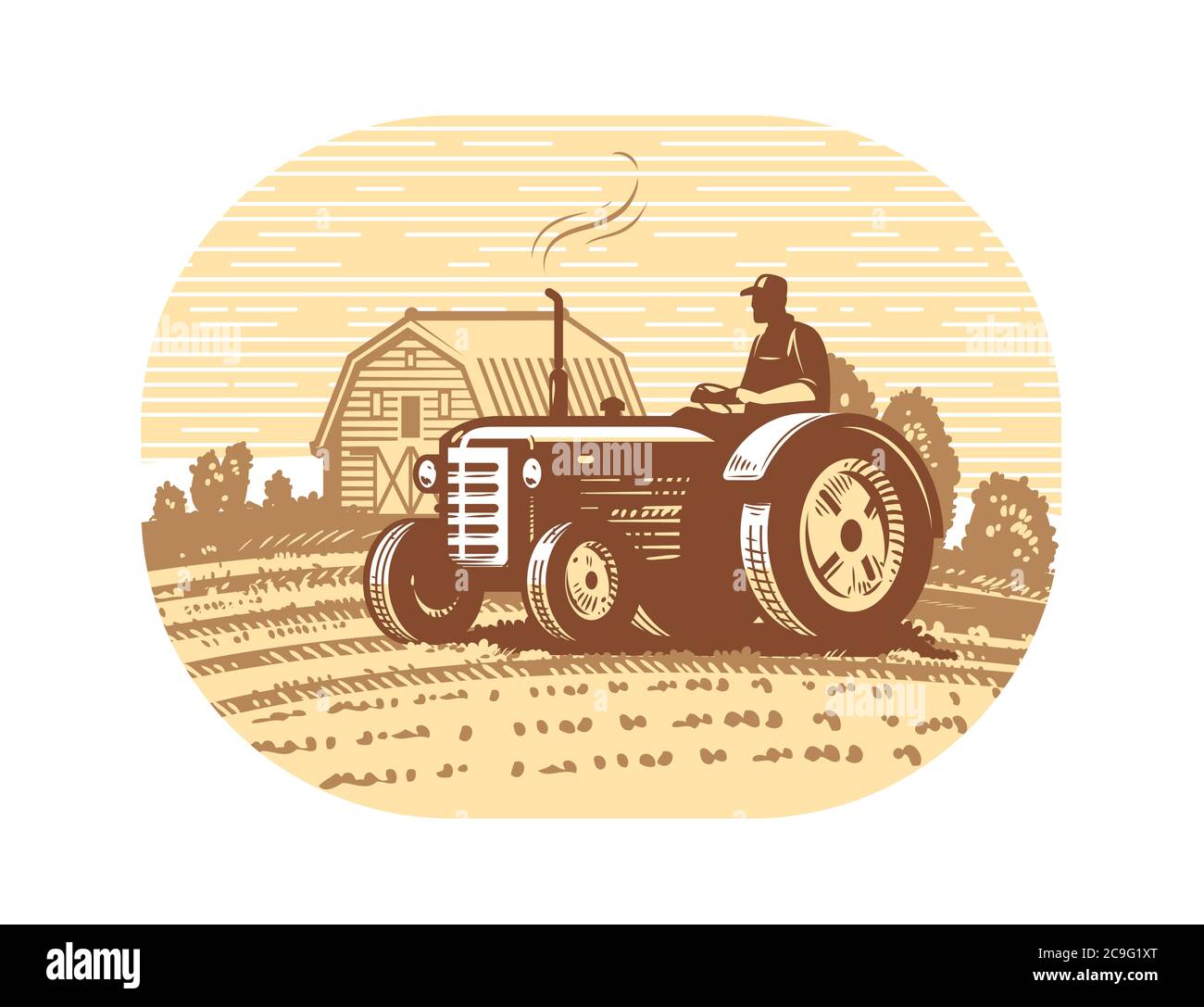 Skizze für den Traktor auf dem Bauernhof. Agrarindustrie, landwirtschaftliches Konzept Stock Vektor