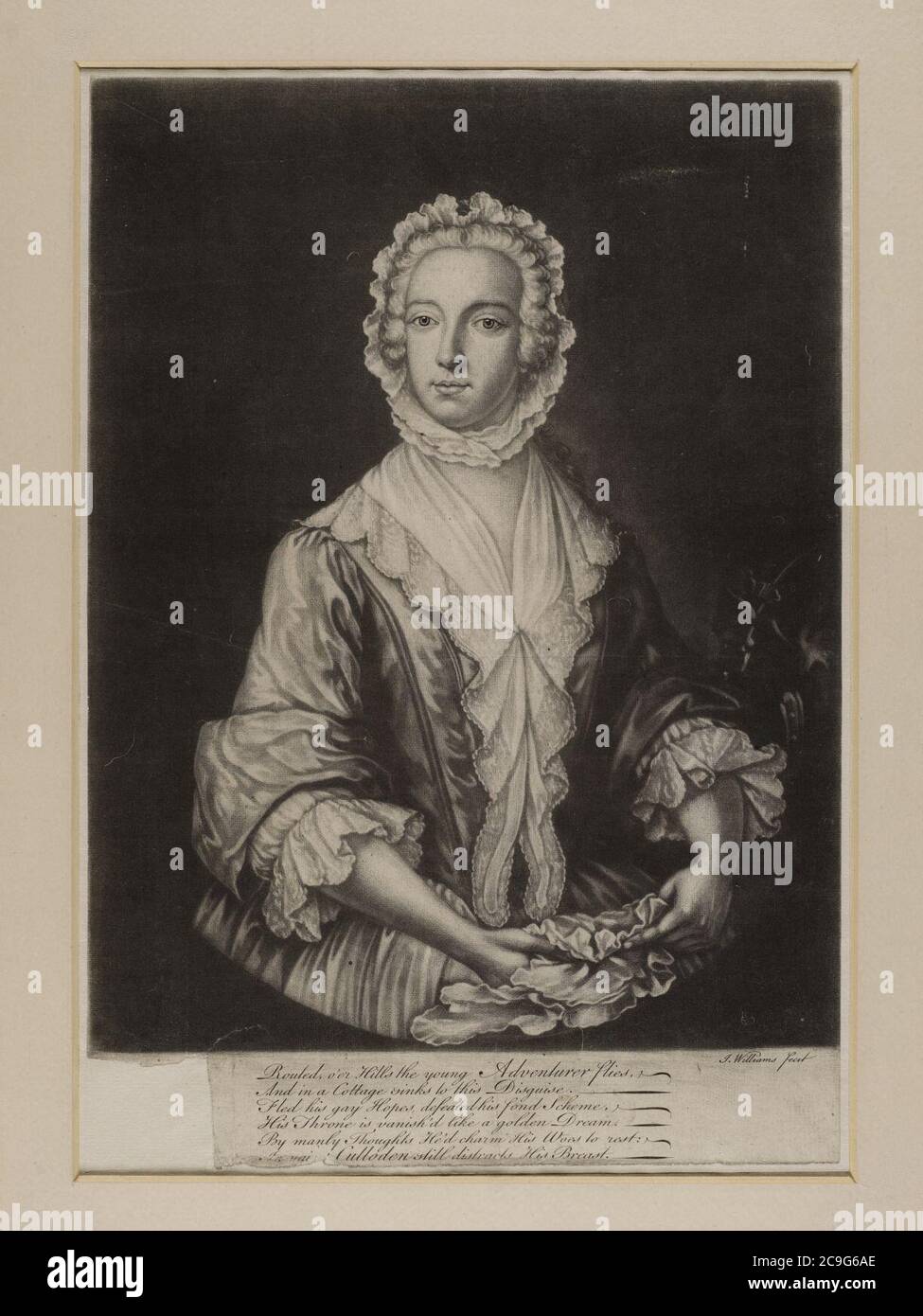 Jacobite Breitseite - Prinz Charles Edward Stuart verkleidet als Betty Burke. Stockfoto