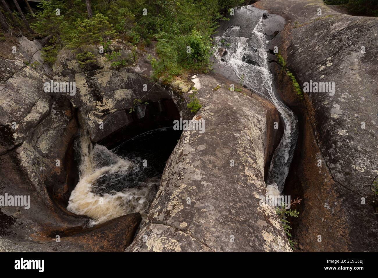 Ein Bach hatte einen kurvigen Kanal durch das Grundgestein auf seinem Weg hinunter zu einem Sumpf und Muskeg in Nord-Ontario getragen. Stockfoto