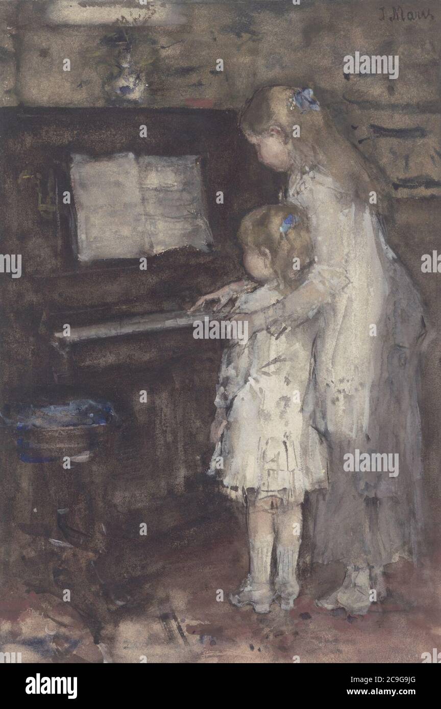 Jacob Maris - Twee meisjes, dochters van de kunstenaar, bij de Piano. Stockfoto